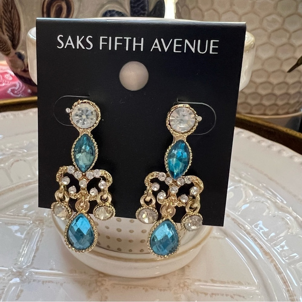 Saks Fifth Avenue Gold Blue Crystal Chandelier Earrings
